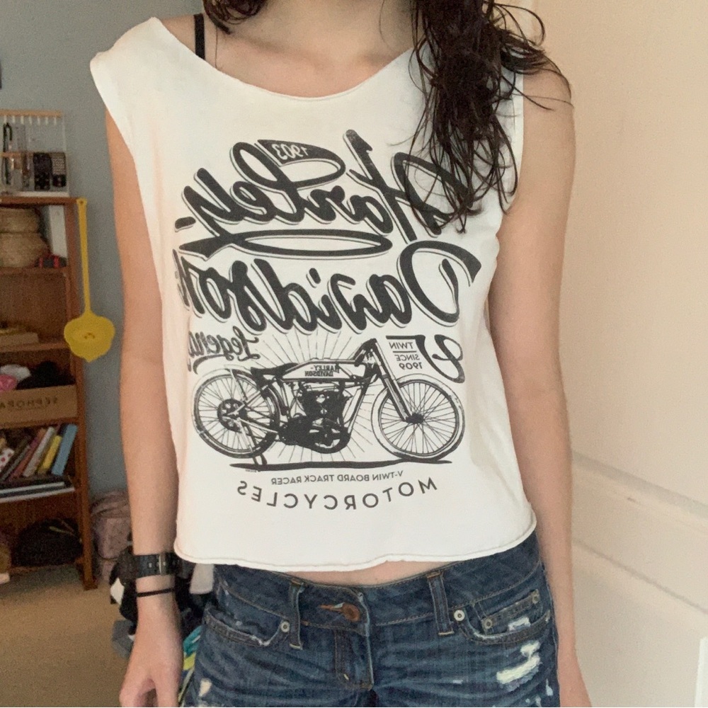 off the shoulder harley davidson muscle tee tank w/ raw hem